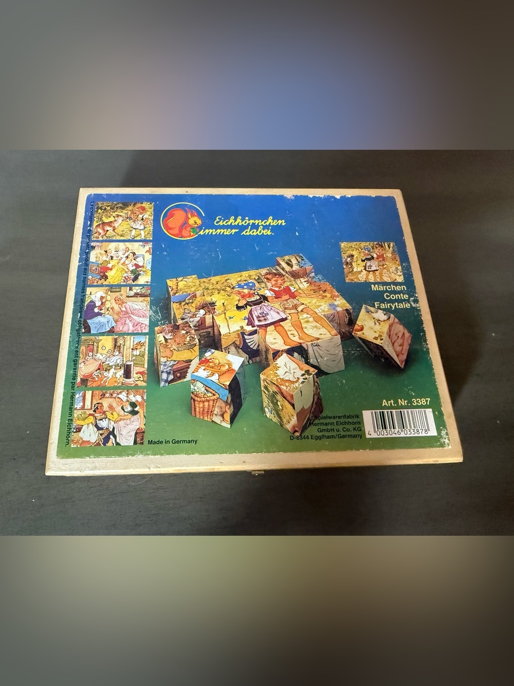 Vintage Eichhorn Germany Wooden Fairy Tale Picture Cube Puzzle Box